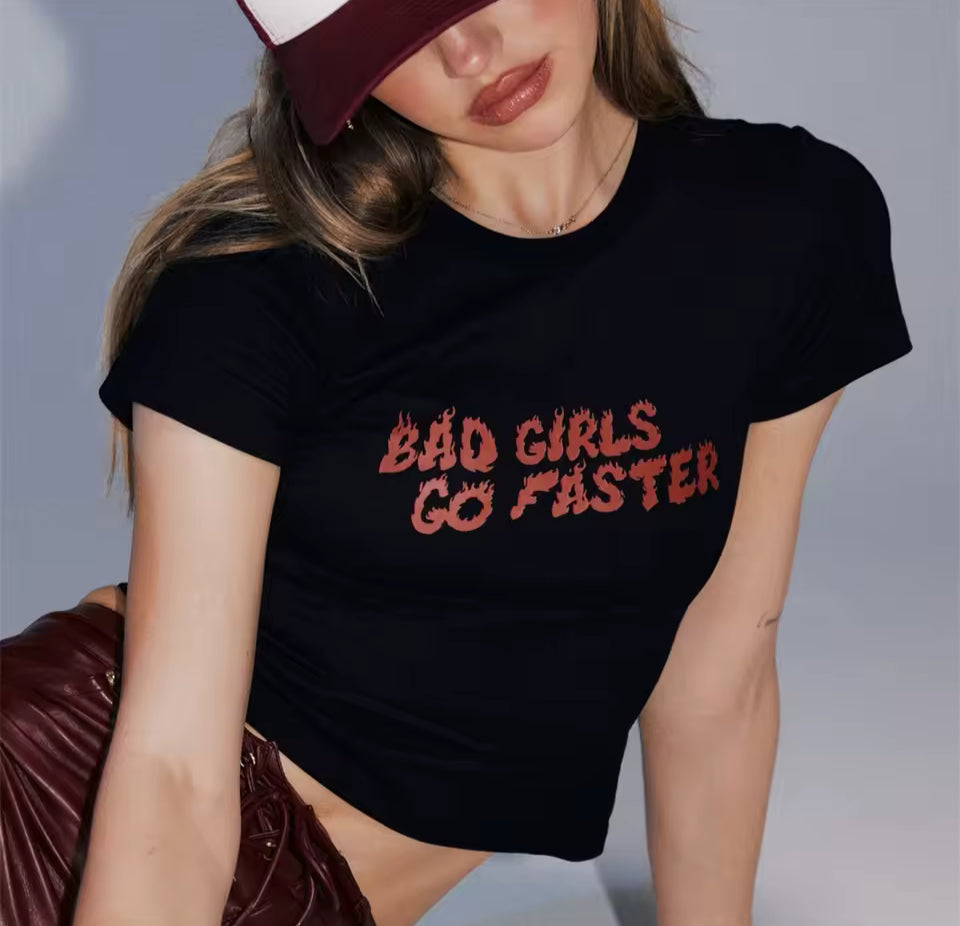 BAD GIRL GO FASTER Fashion Cropped Tee Y2K Summer Fsshion Shirt Baby Tee Crop Top