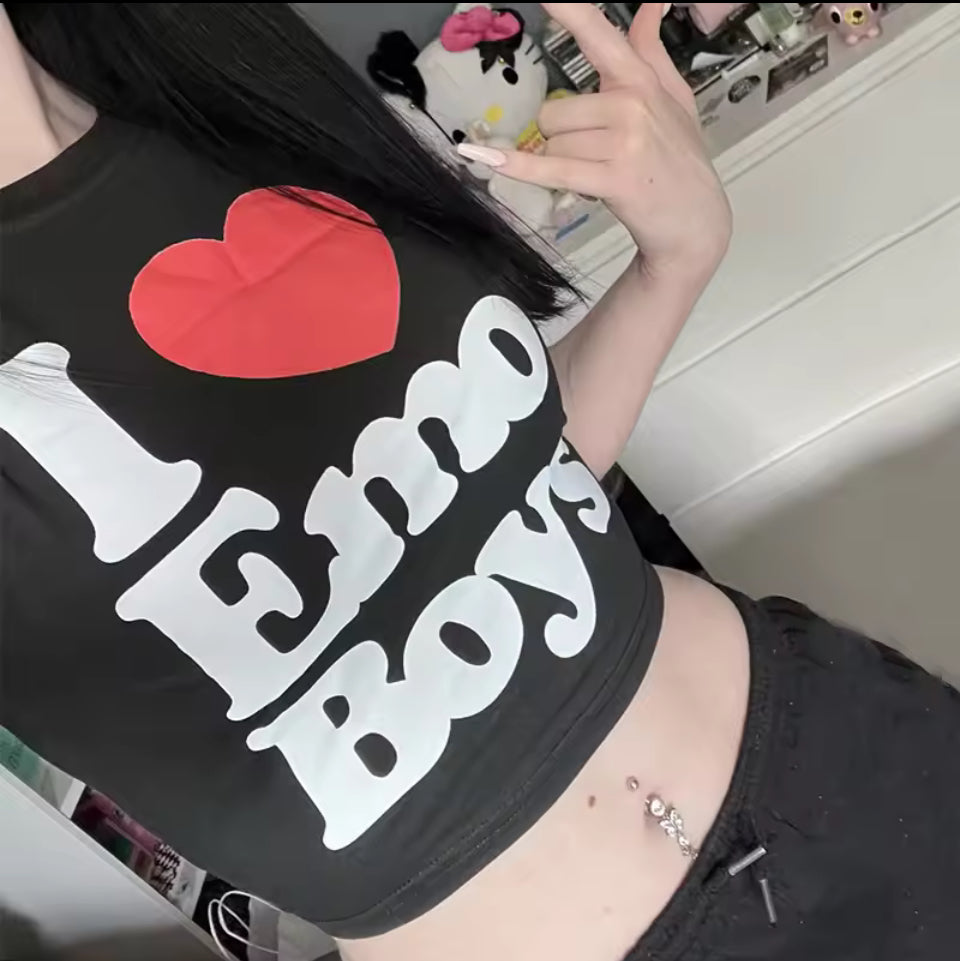I Love Emo Boy Print Tees