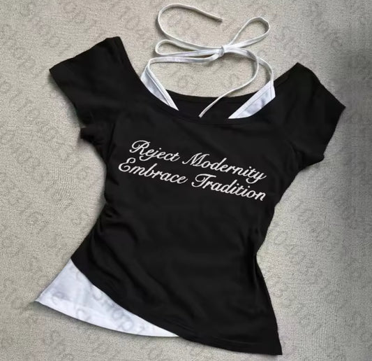2000s Hanging neck short sleeved T-shirt