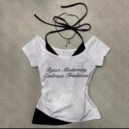 2000s Hanging neck short sleeved T-shirt